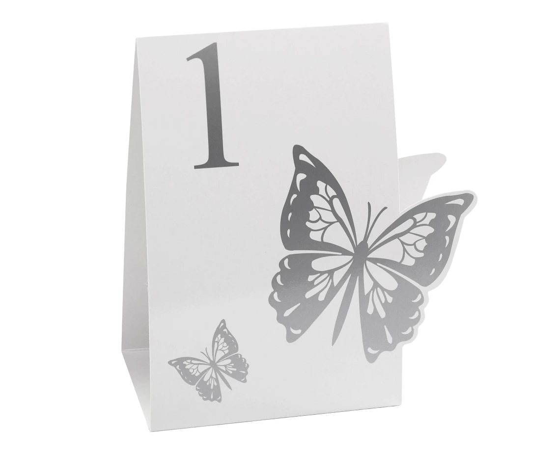 Numery na stoliki Elegant Butterfly, biało-srebrne, 12 szt.