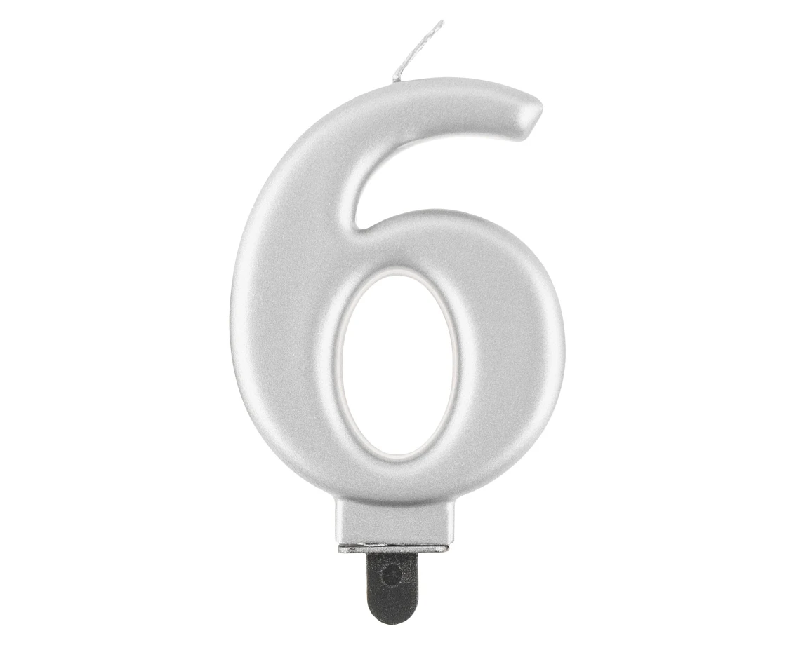 Świeczka B&C cyferka 6, metalik srebrna, 8 cm