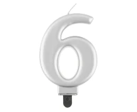 Świeczka B&C cyferka 6, metalik srebrna, 8 cm