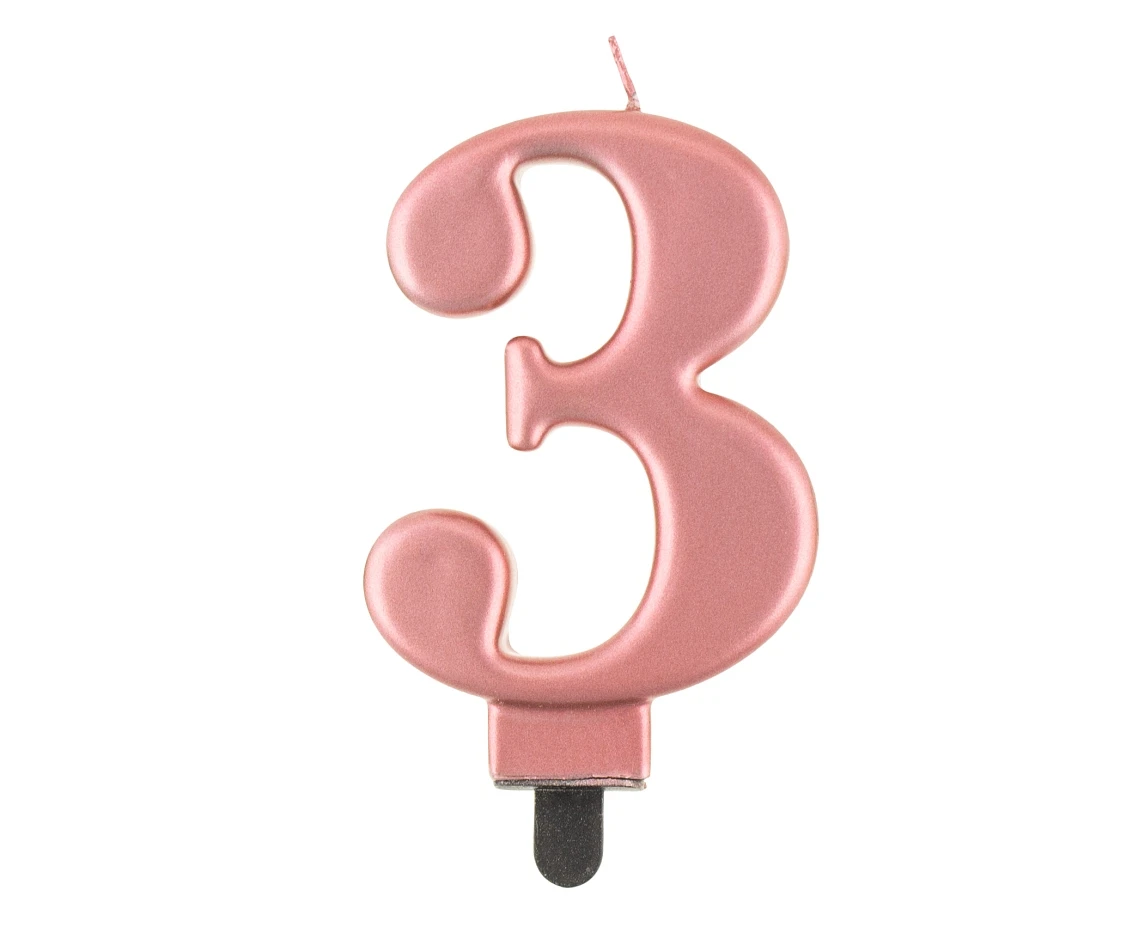 Świeczka B&C cyferka 3, metalik różowo-złota, 8 cm