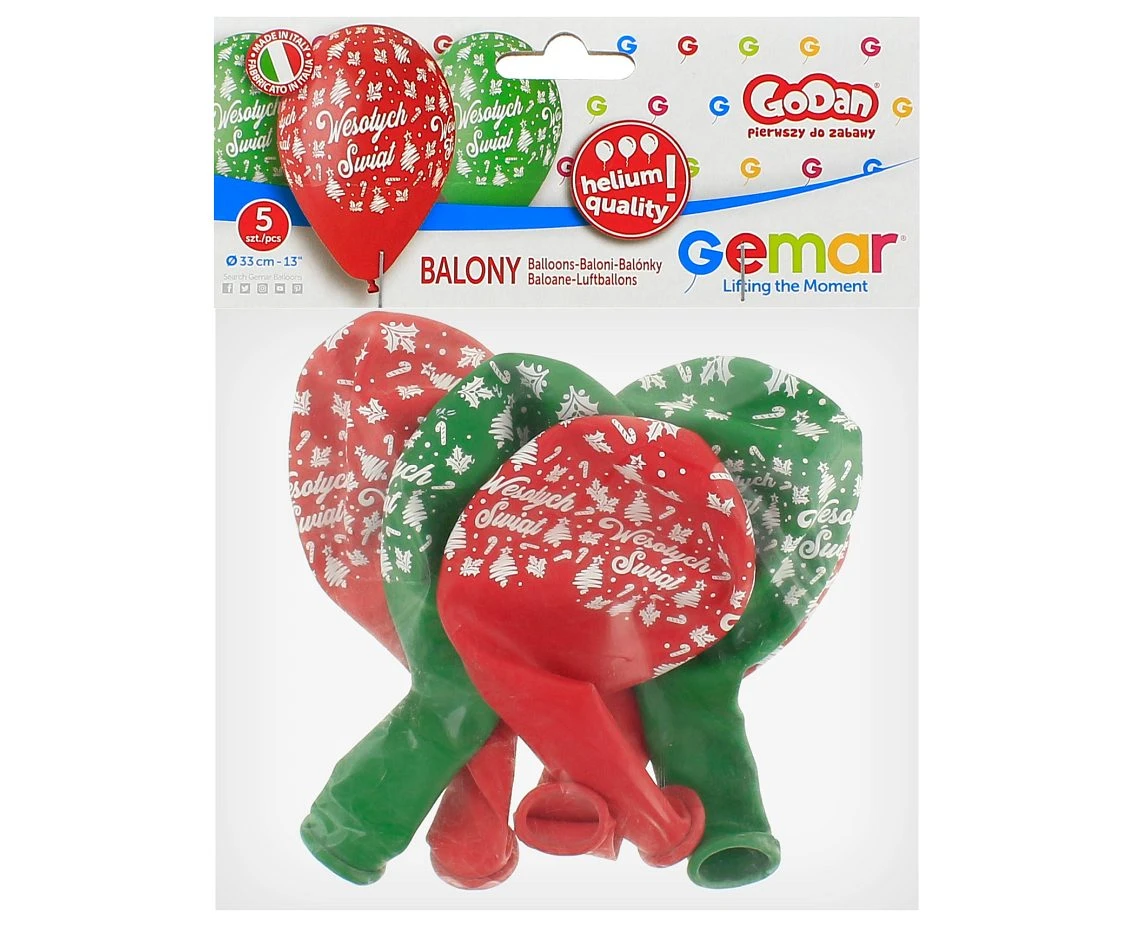 Balony Gemar 13", pastel premium hel wesołych świąt, czerwone i zielone, 5szt. KK
