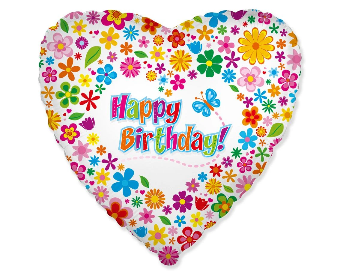 Balon foliowy 18" FX - Happy Birthday (z kwiatuszkami), niepakowany