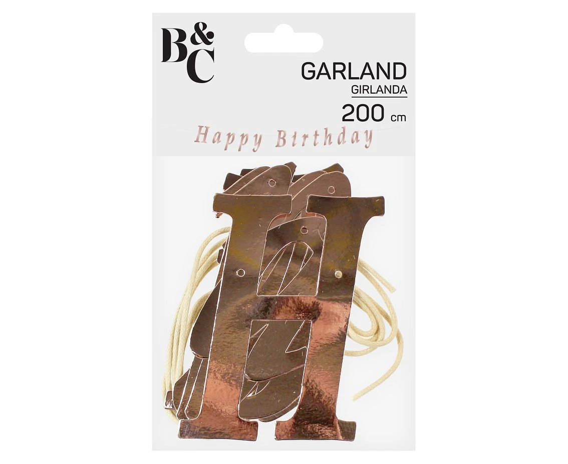 Girlanda B&C Happy Birthday, DIY, metaliczna różowo-złota, 11x200 cm