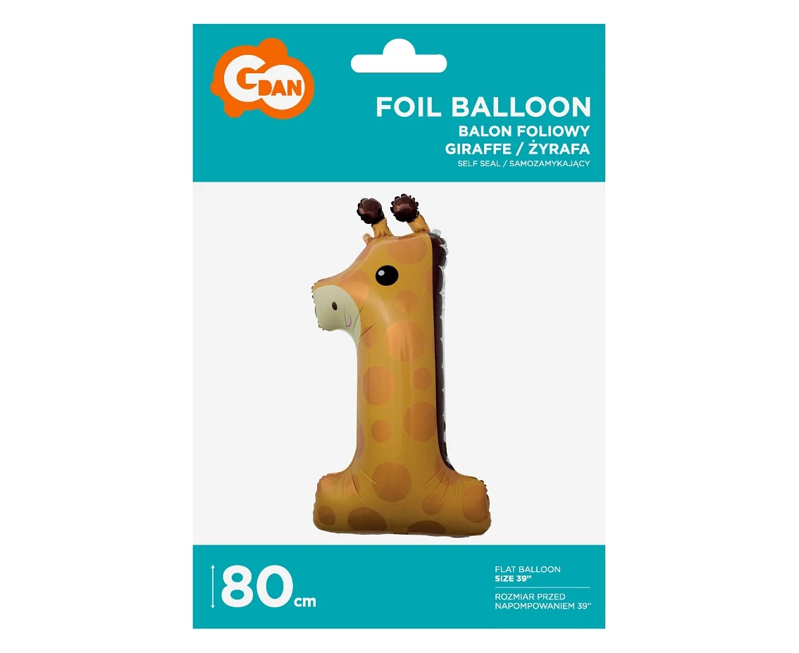 Balon foliowy Żyrafa - cyfra 1, 80 cm