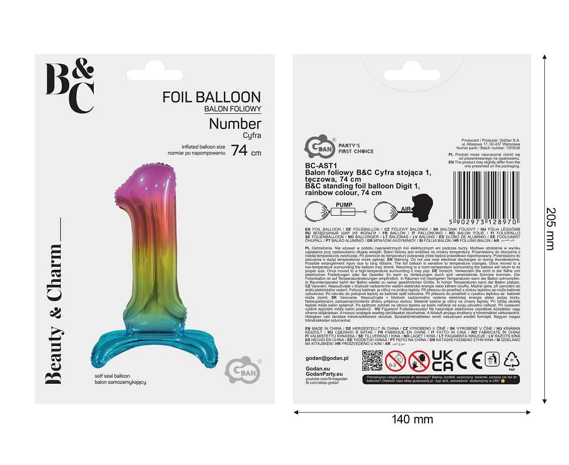 Balon foliowy B&C Cyfra stojąca 1, tęczowa, 74 cm AA