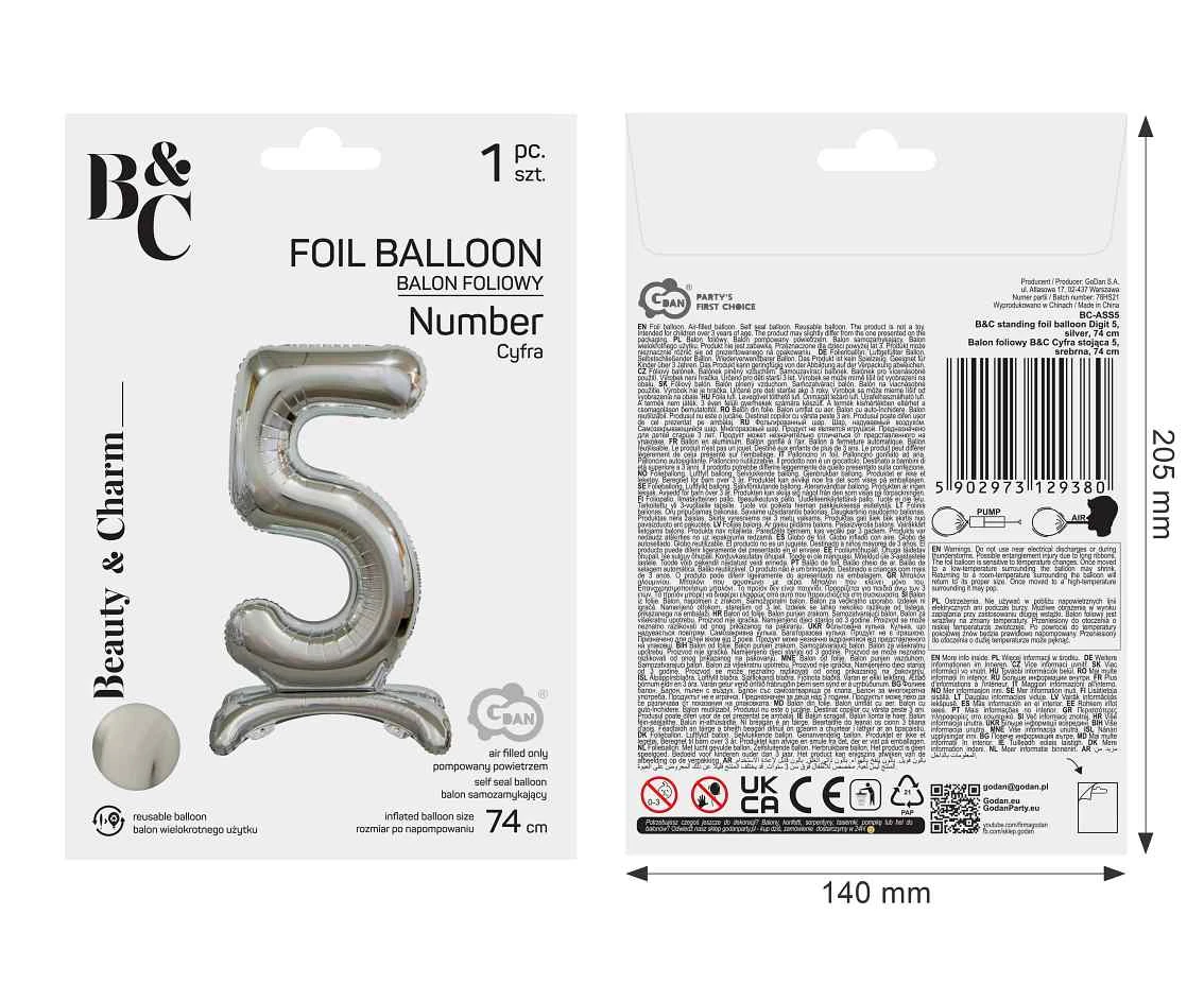 Balon foliowy B&C Cyfra stojąca 5, srebrna, 74 cm