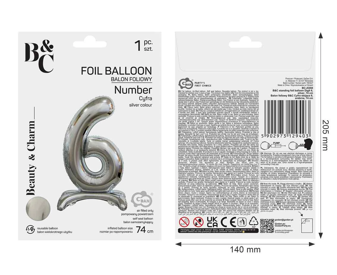 Balon foliowy B&C Cyfra stojąca 6, srebrna, 74 cm