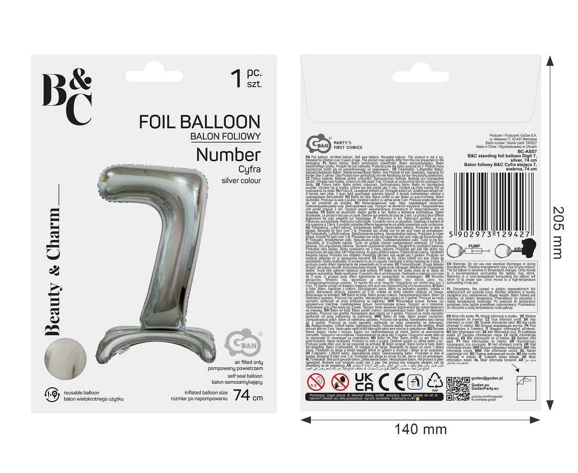 Balon foliowy B&C Cyfra stojąca 7, srebrna, 74 cm