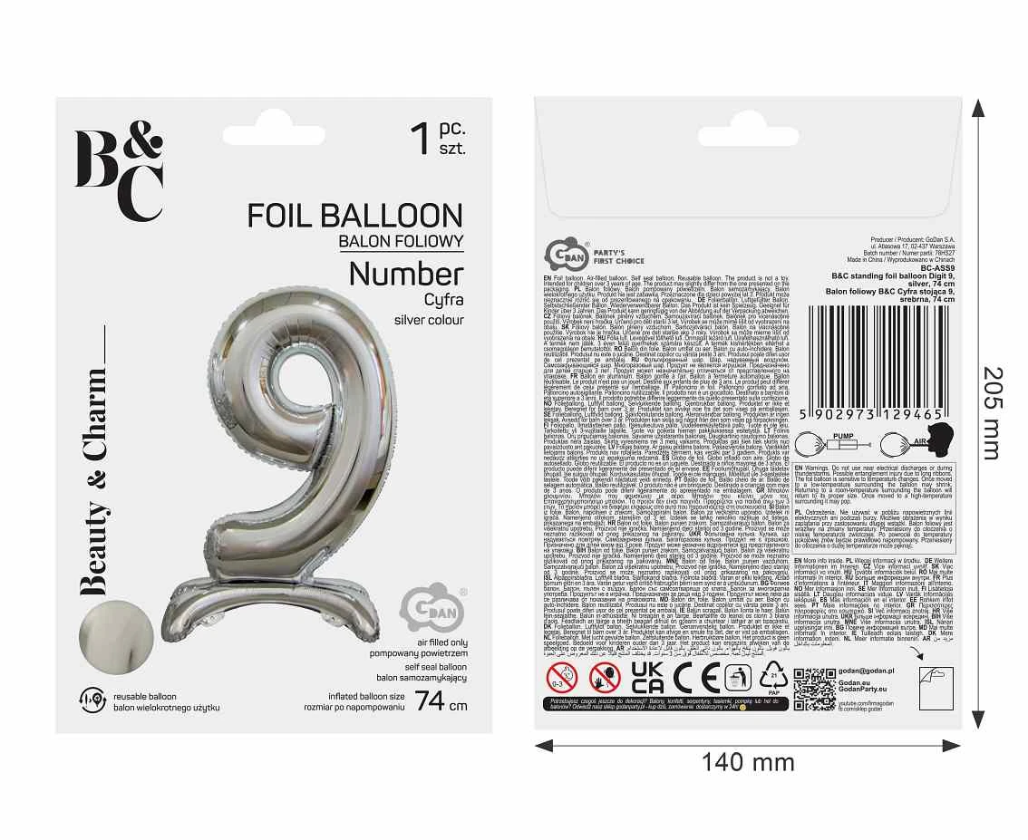 Balon foliowy B&C Cyfra stojąca 9, srebrna, 74 cm