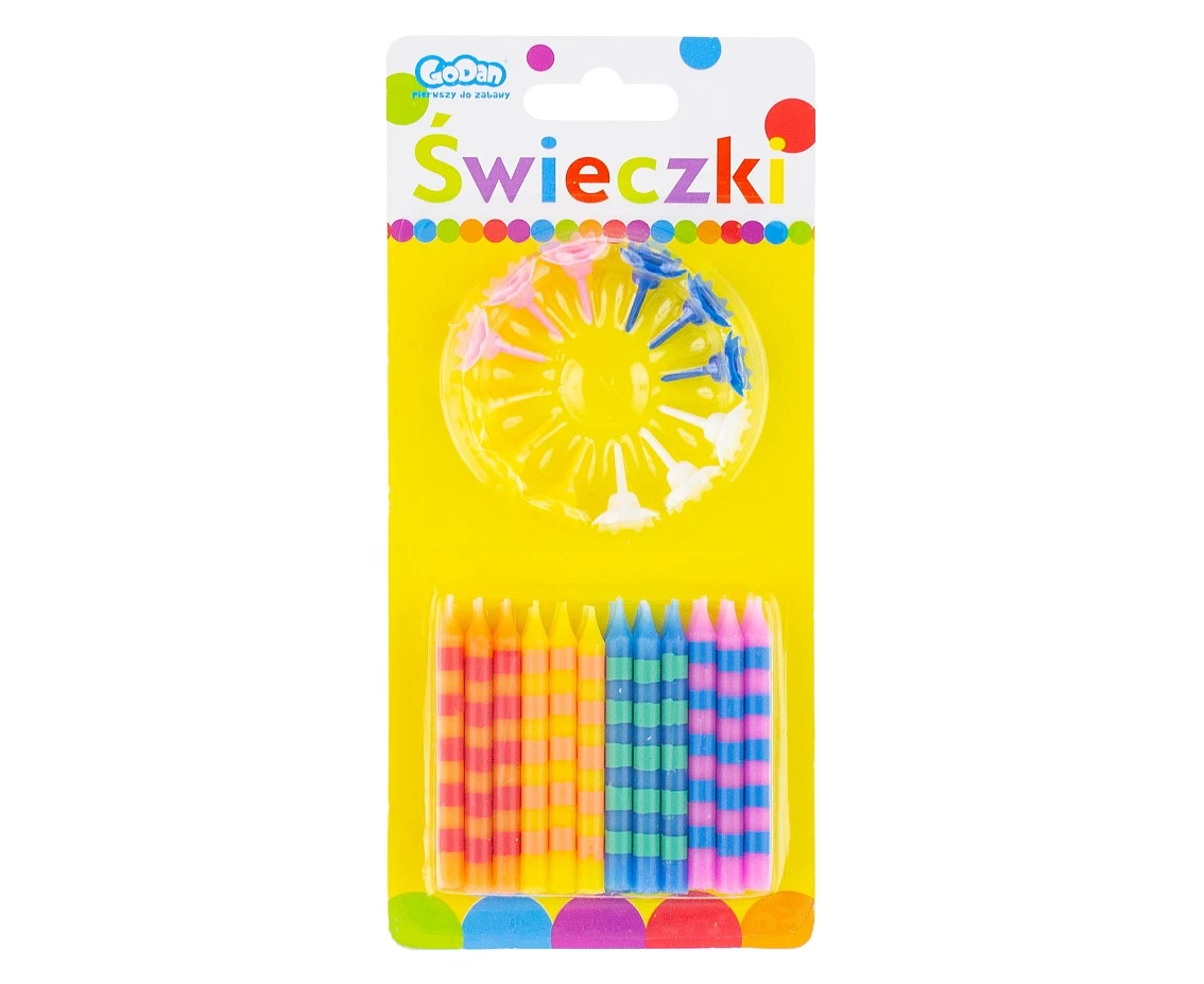 Świeczki urodzinowe w paski, 24/12, 4 kolory, 6,3 cm. KK