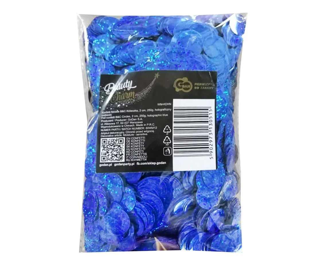 Konfetti foliowe B&C Kółeczka, 2 cm, 250g, holograficzny niebieski KK