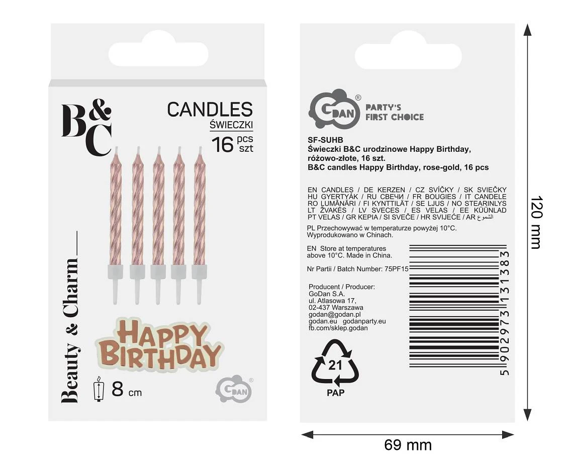 Świeczki B&C urodzinowe Happy Birthday, różowo-złote, 16 szt.
