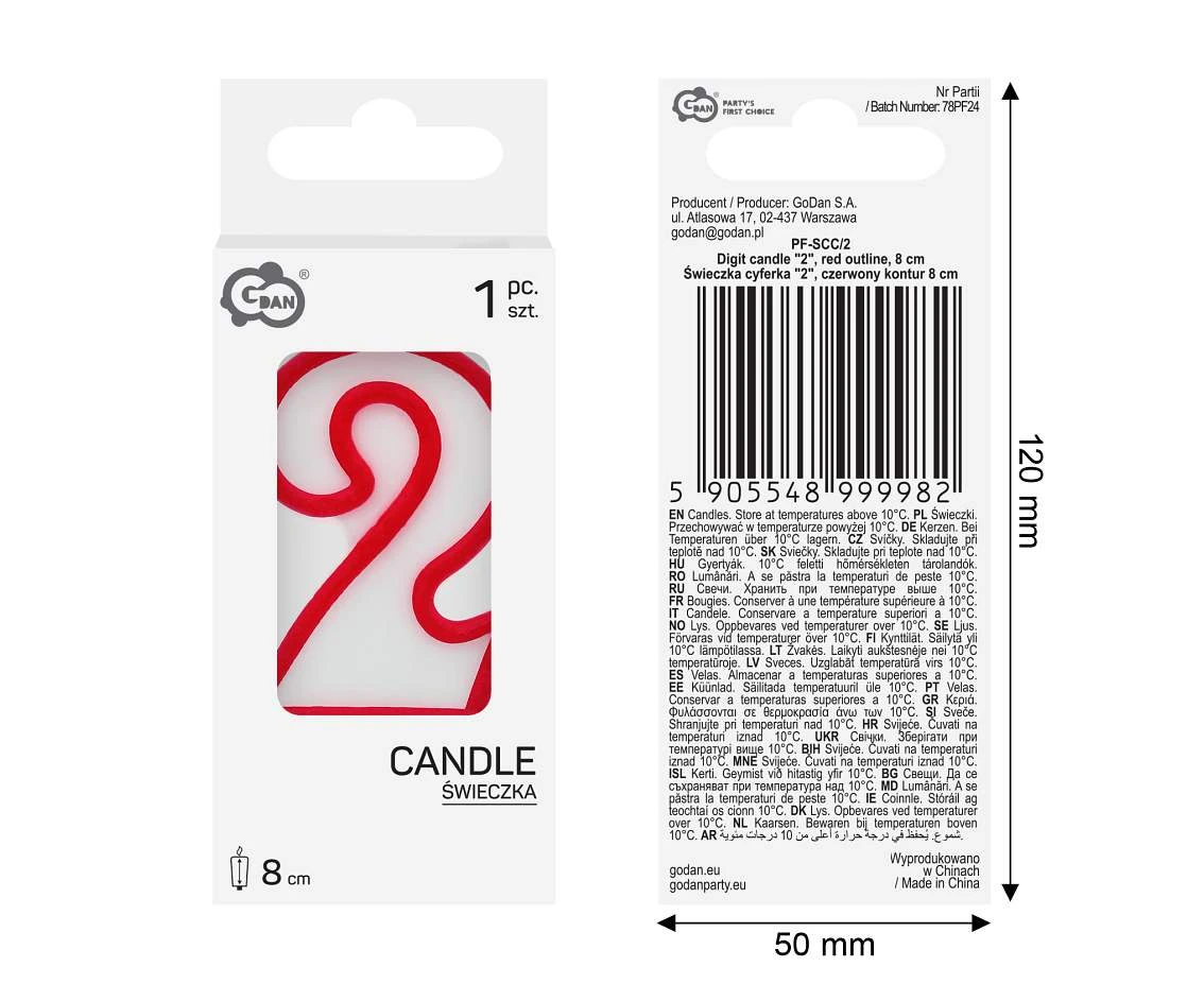 Świeczka cyferka "2", czerwony kontur 8 cm