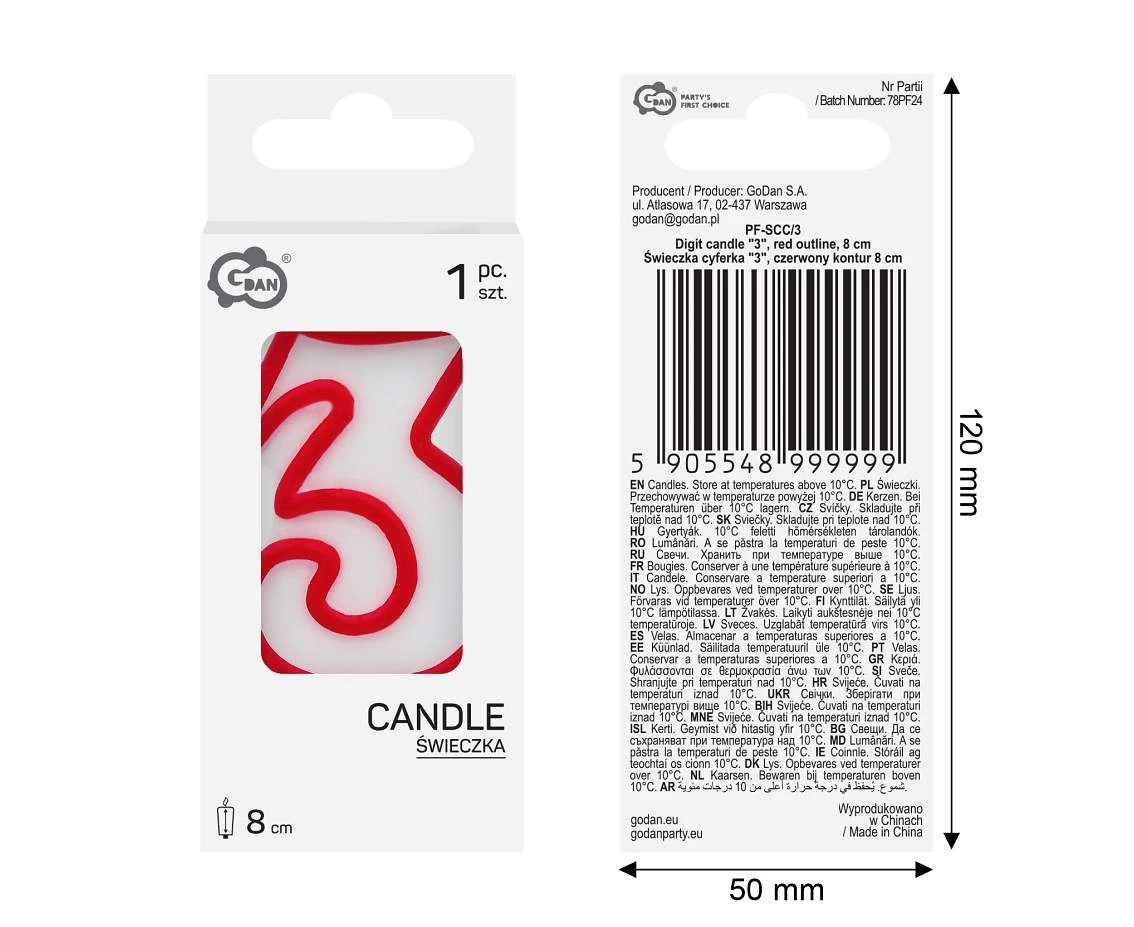Świeczka cyferka "3", czerwony kontur 8 cm