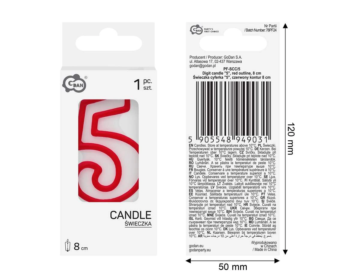 Świeczka cyferka "5", czerwony kontur 8 cm
