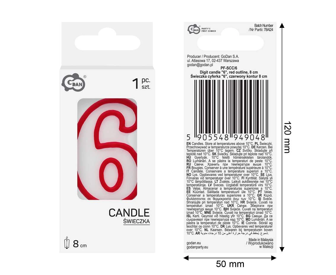 Świeczka cyferka "6", czerwony kontur 8 cm