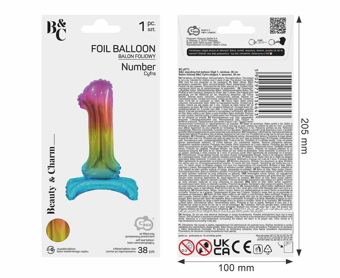 Balon foliowy B&C Cyfra stojąca 1, tęczowa, 38 cm
