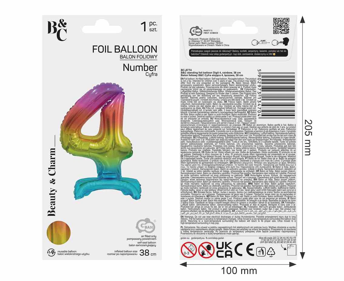 Balon foliowy B&C Cyfra stojąca 4, tęczowa, 38 cm