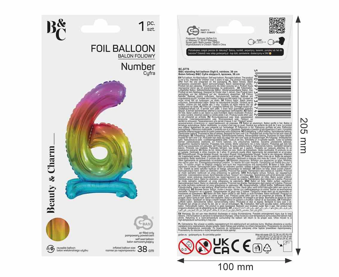 Balon foliowy B&C Cyfra stojąca 6, tęczowa, 38 cm