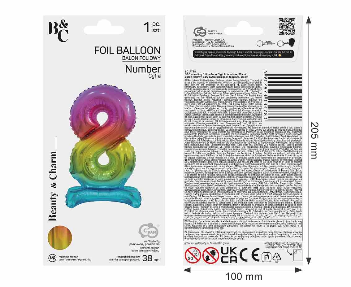 Balon foliowy B&C Cyfra stojąca 8, tęczowa, 38 cm