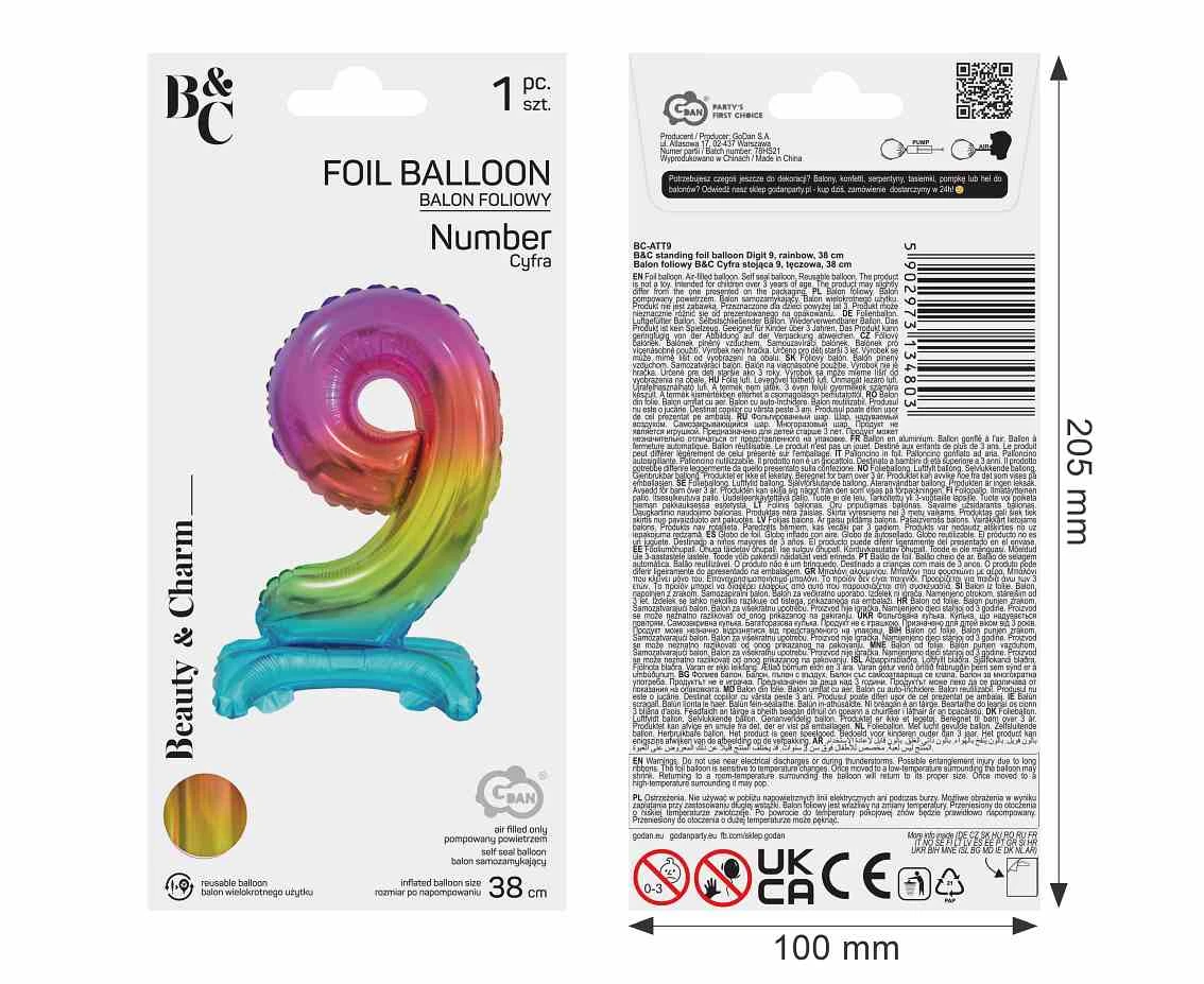 Balon foliowy B&C Cyfra stojąca 9, tęczowa, 38 cm