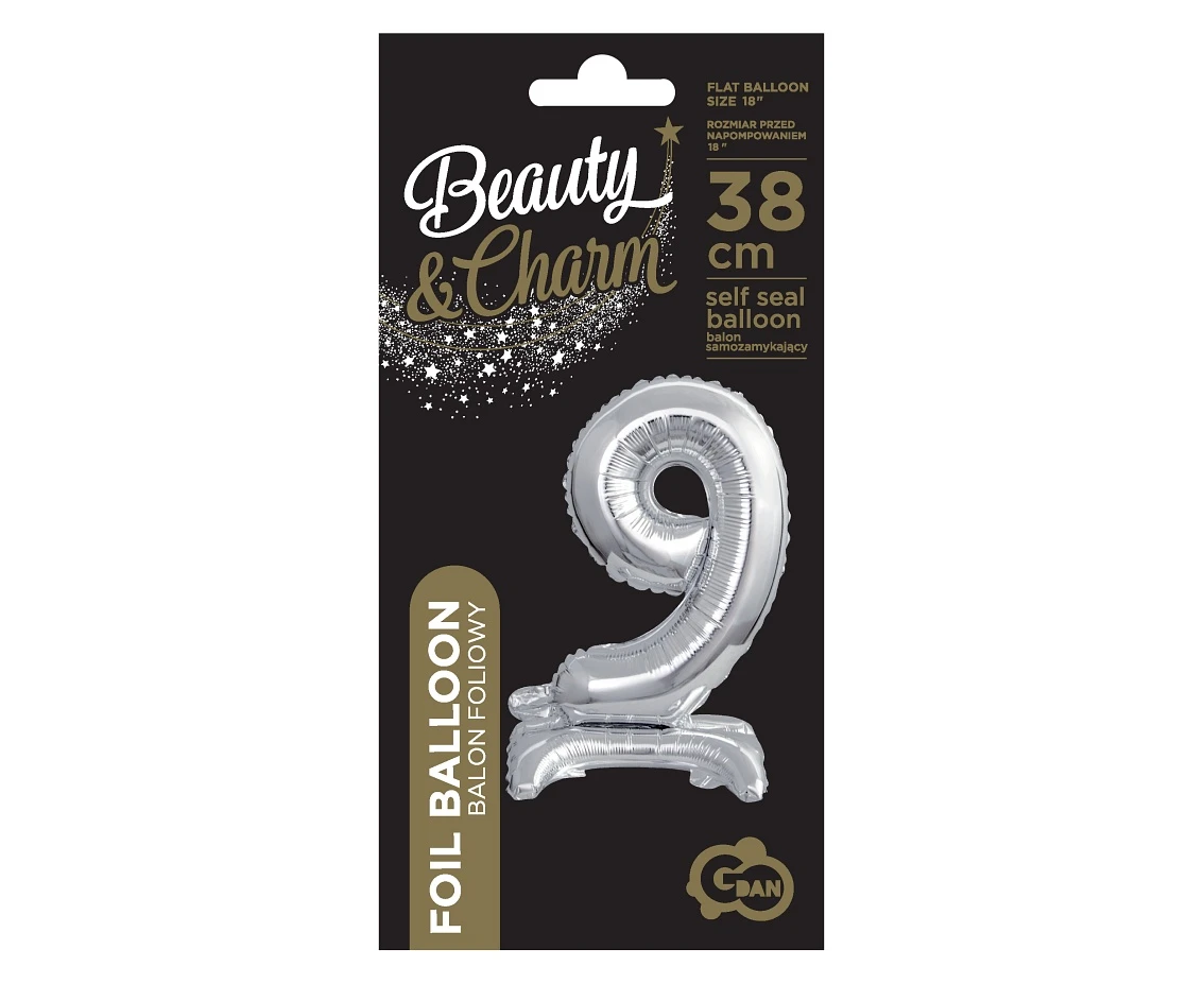 Balon foliowy B&C Cyfra stojąca 9, srebrna, 38 cm KK