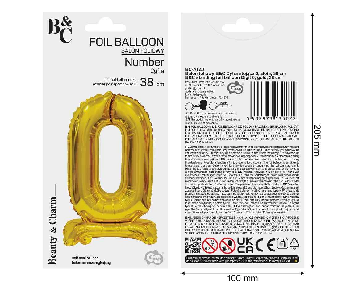 Balon foliowy B&C Cyfra stojąca 0, złota, 38 cm