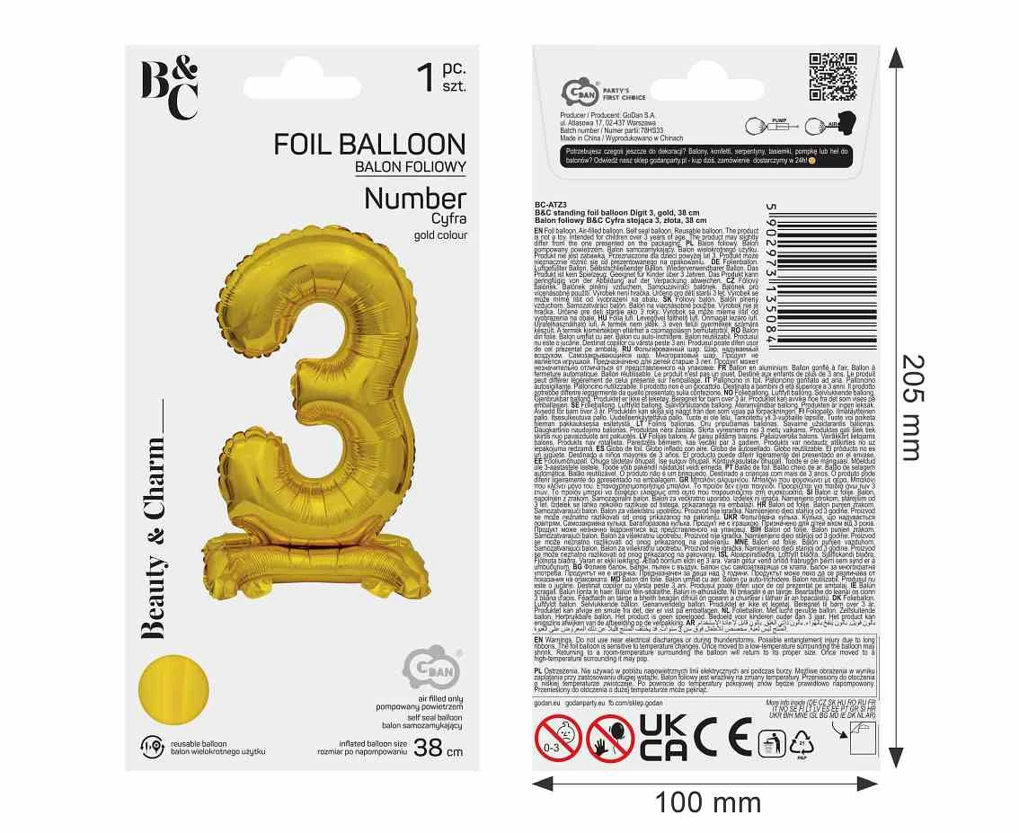 Balon foliowy B&C Cyfra stojąca 3, złota, 38 cm