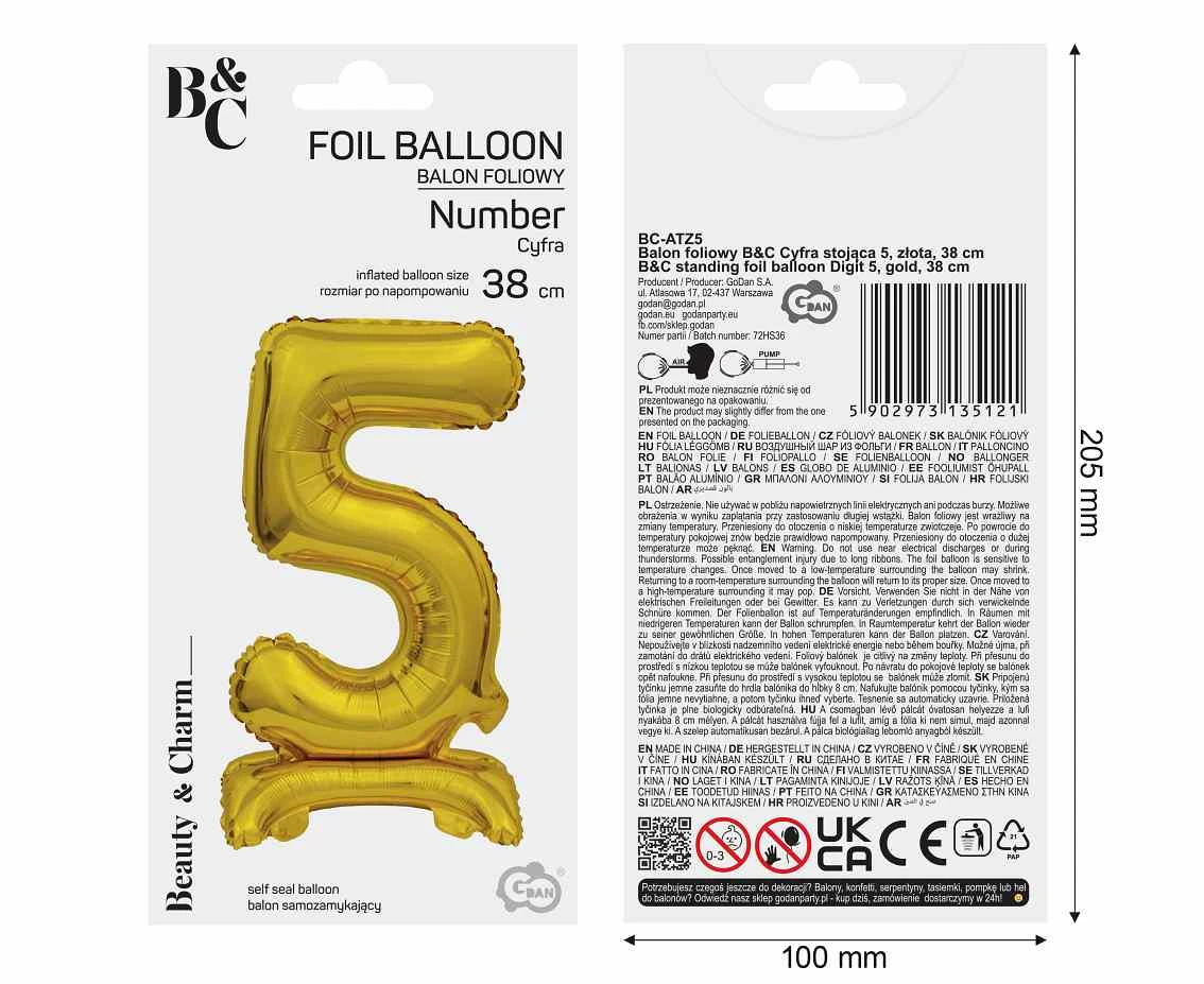 Balon foliowy B&C Cyfra stojąca 5, złota, 38 cm