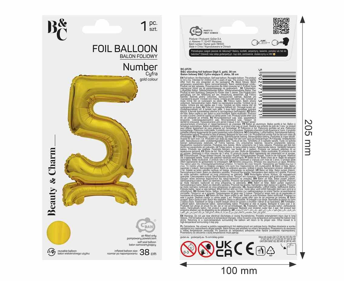 Balon foliowy B&C Cyfra stojąca 5, złota, 38 cm