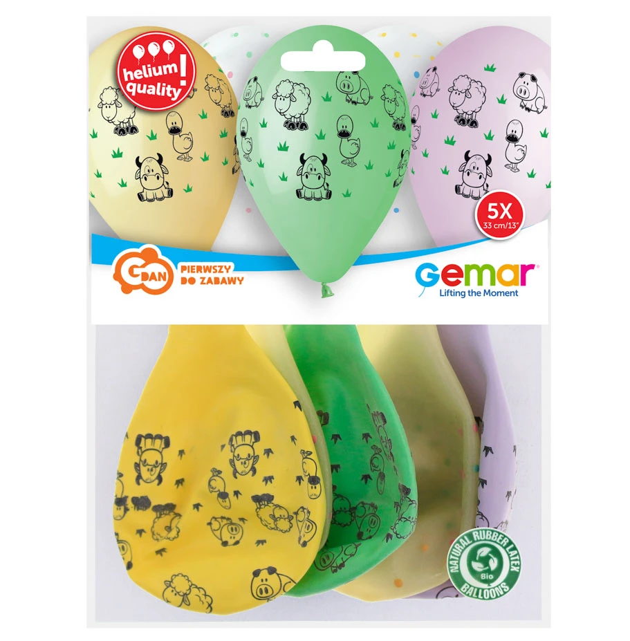 Balony Gemar 13", pastel premium hel zwierzątka z farmy, 5szt. KK