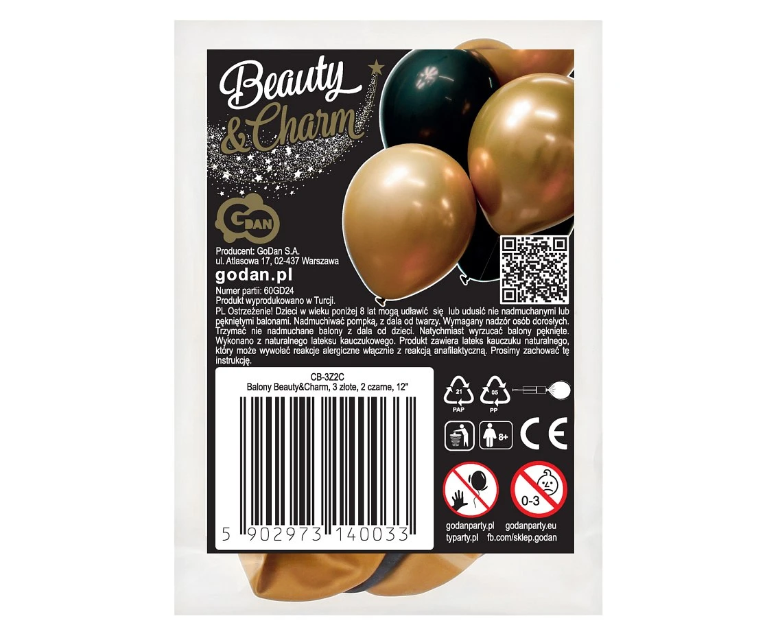Balony B&C 12", 3 złote i 2 czarne, 5szt.