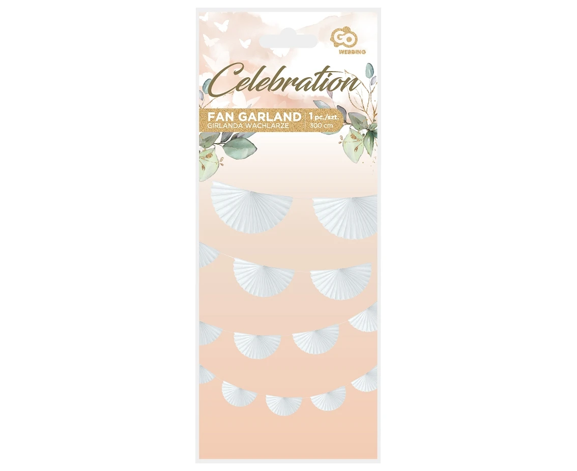 Girlanda papierowa W&C Wachlarze, biała, 300 cm, wachlarz 20 cm KK