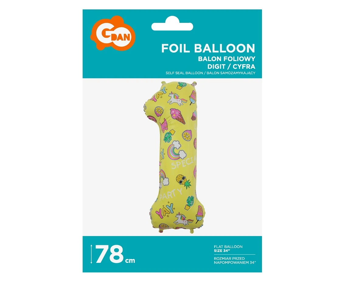 Balon foliowy Cyfra 1, obrazki, 78 cm KK