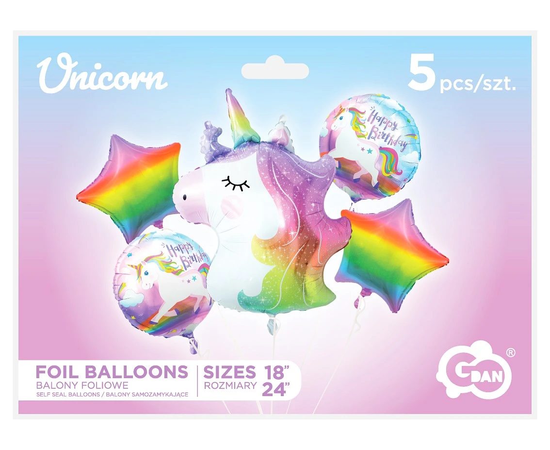 Balony foliowe - zestaw Jednorożec, 5 szt.