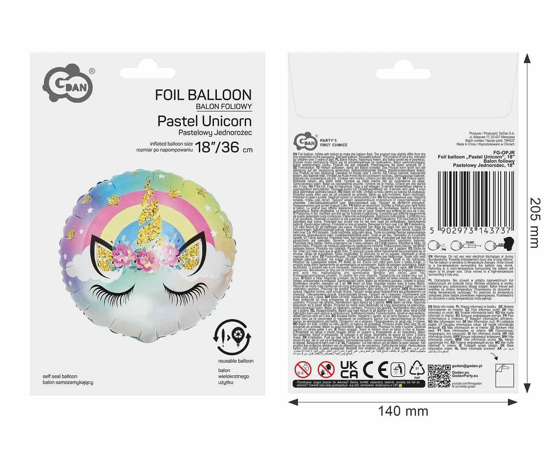 Balon foliowy Pastelowy Jednorożec, 18" AA