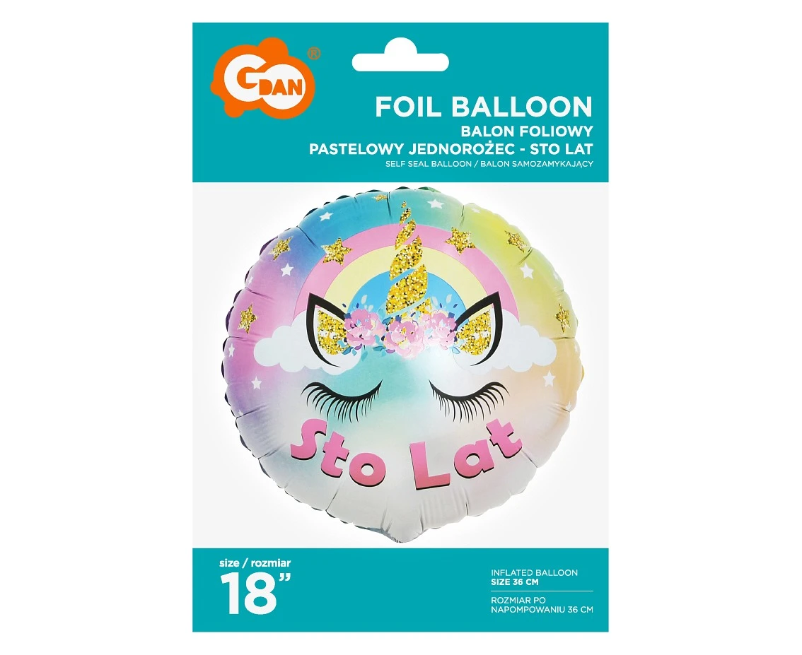 Balon foliowy Pastelowy Jednorożec - Sto Lat, 18 cali KK