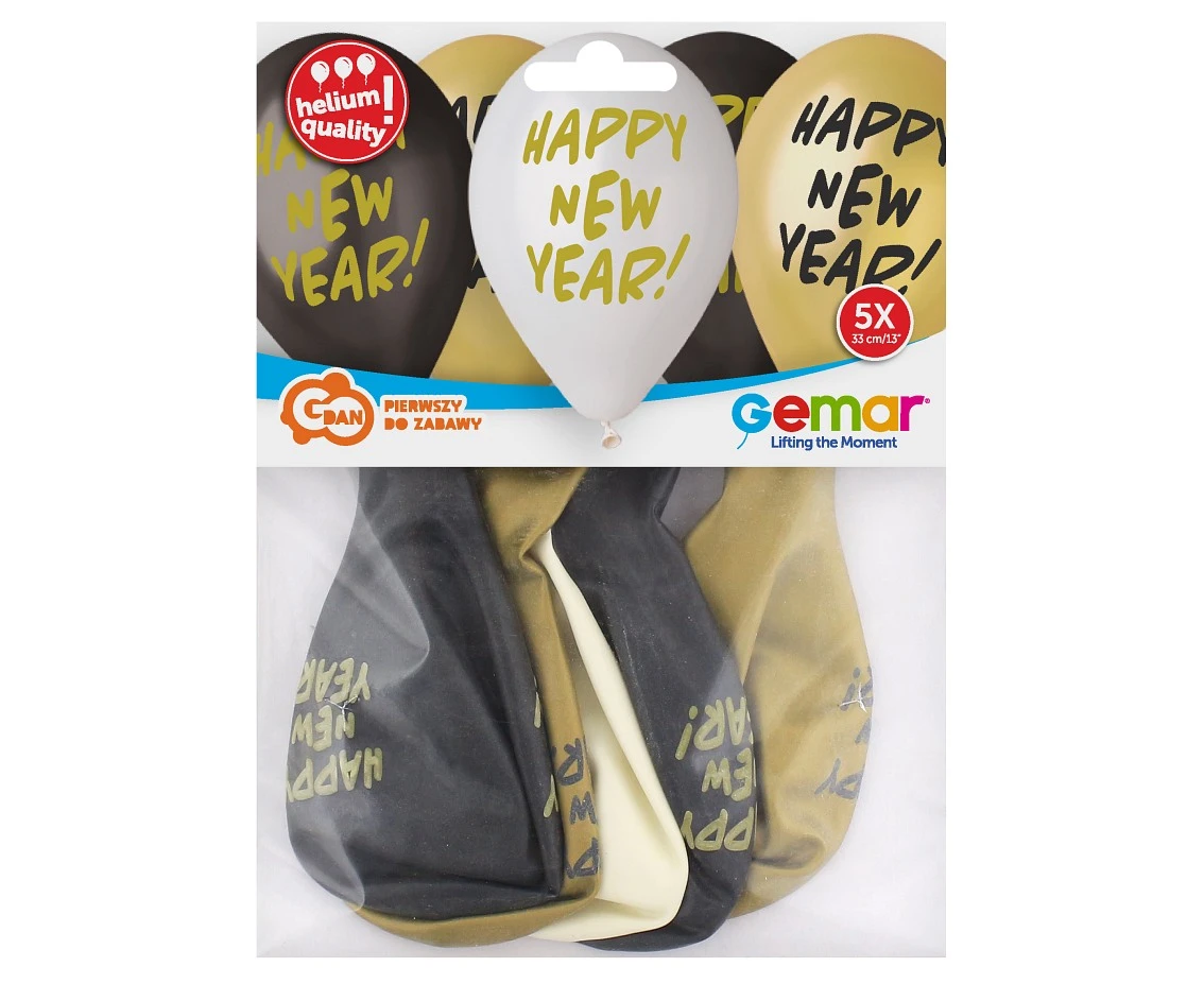 Balony Gemar 13", premium hel happy new year, metalik, 5szt.