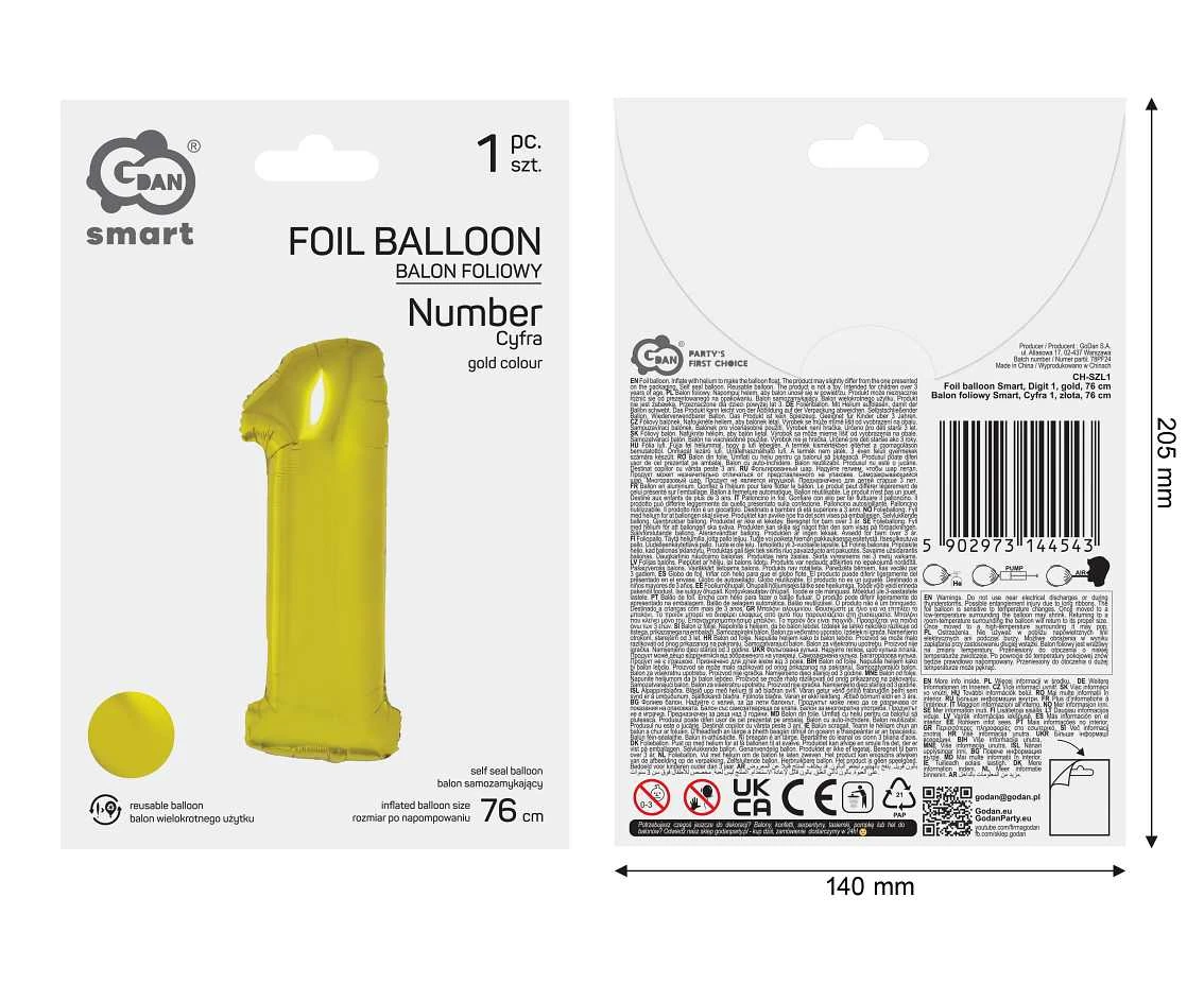Balon foliowy Smart, Cyfra 1, złota, 76 cm AA