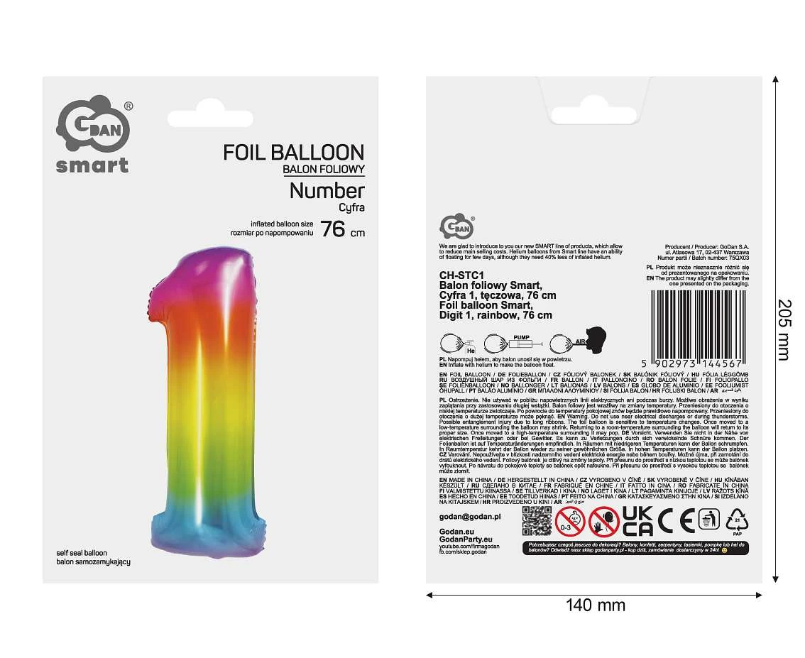 Balon foliowy Smart, Cyfra 1, tęczowa, 76 cm