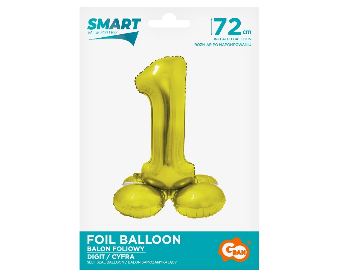 Balon foliowy Smart, Cyfra stojąca 1, złota, 72 cm KK