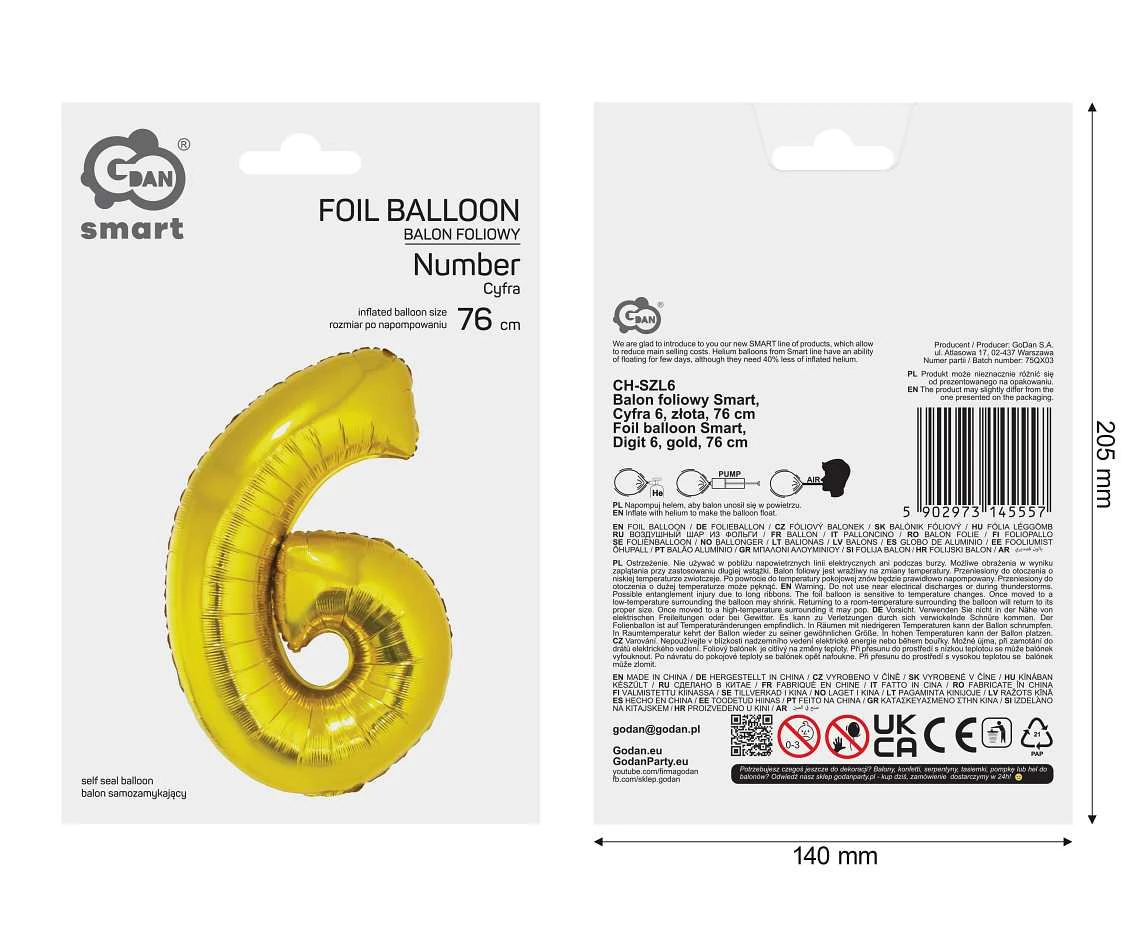 Balon foliowy Smart, Cyfra 6, złota, 76 cm AA