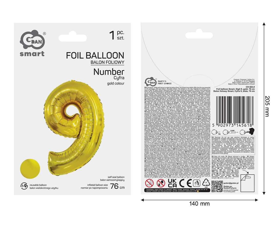 Balon foliowy Smart, Cyfra 9, złota, 76 cm AA