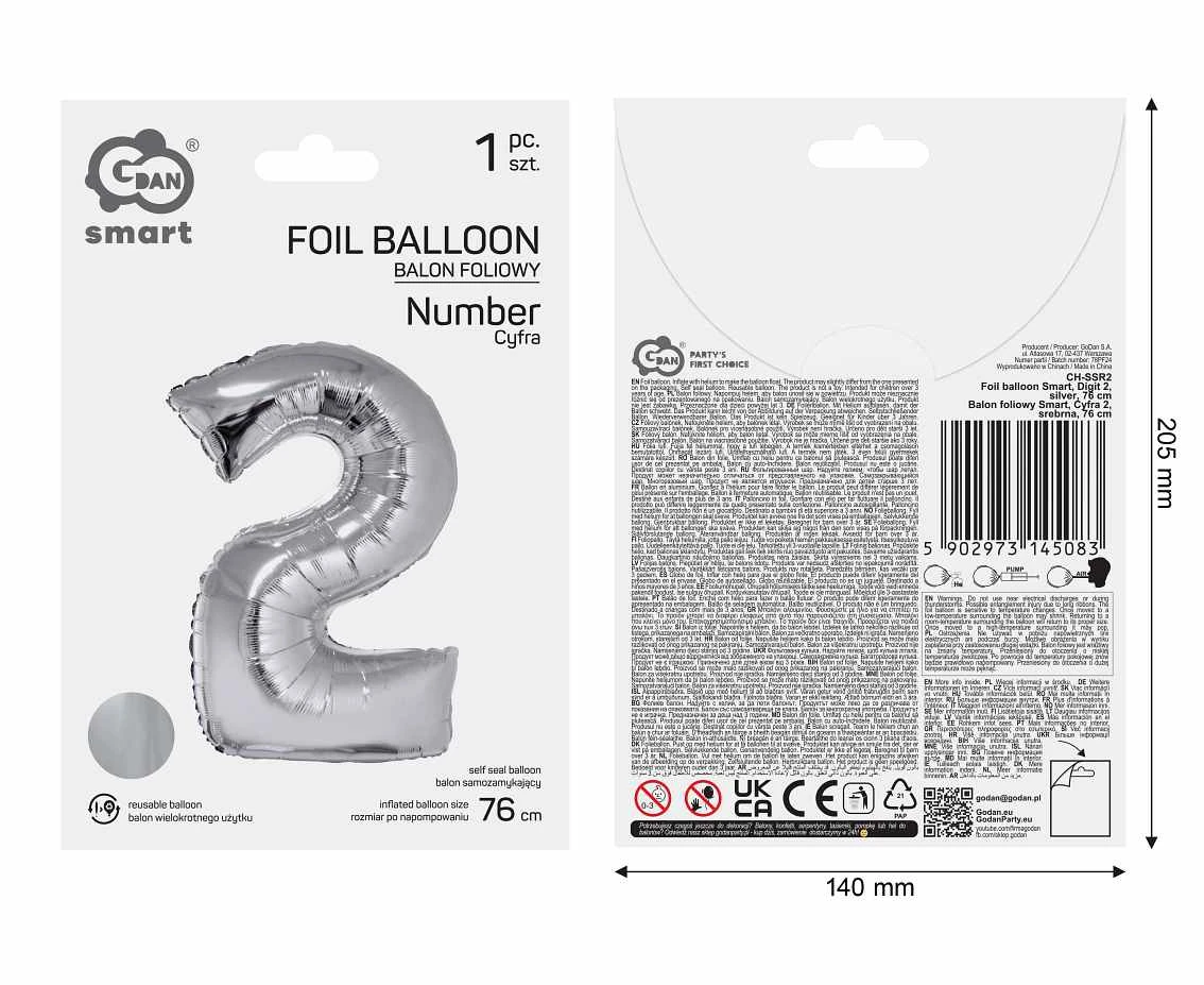 Balon foliowy Smart, Cyfra 2, srebrna, 76 cm