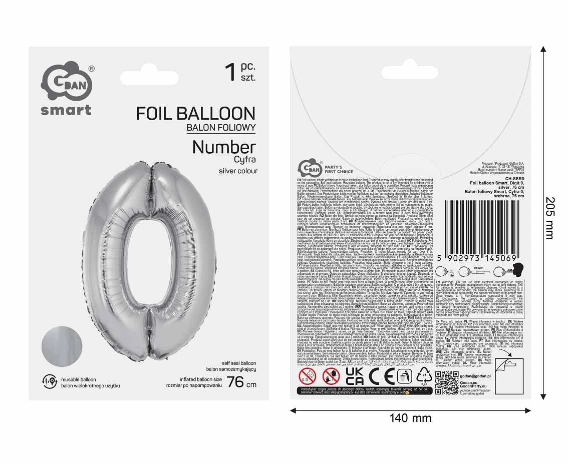 Balon foliowy Smart, Cyfra 0, srebrna, 76 cm