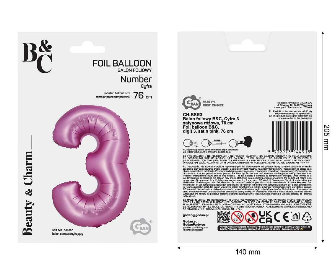 Balon foliowy B&C, Cyfra 3, satynowa różowa, 76 cm KK