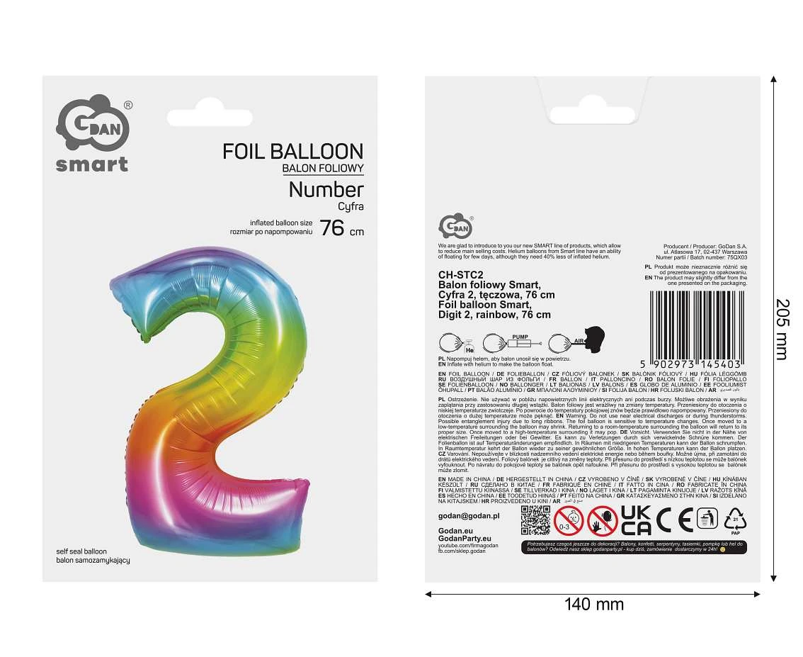Balon foliowy Smart, Cyfra 2, tęczowa, 76 cm