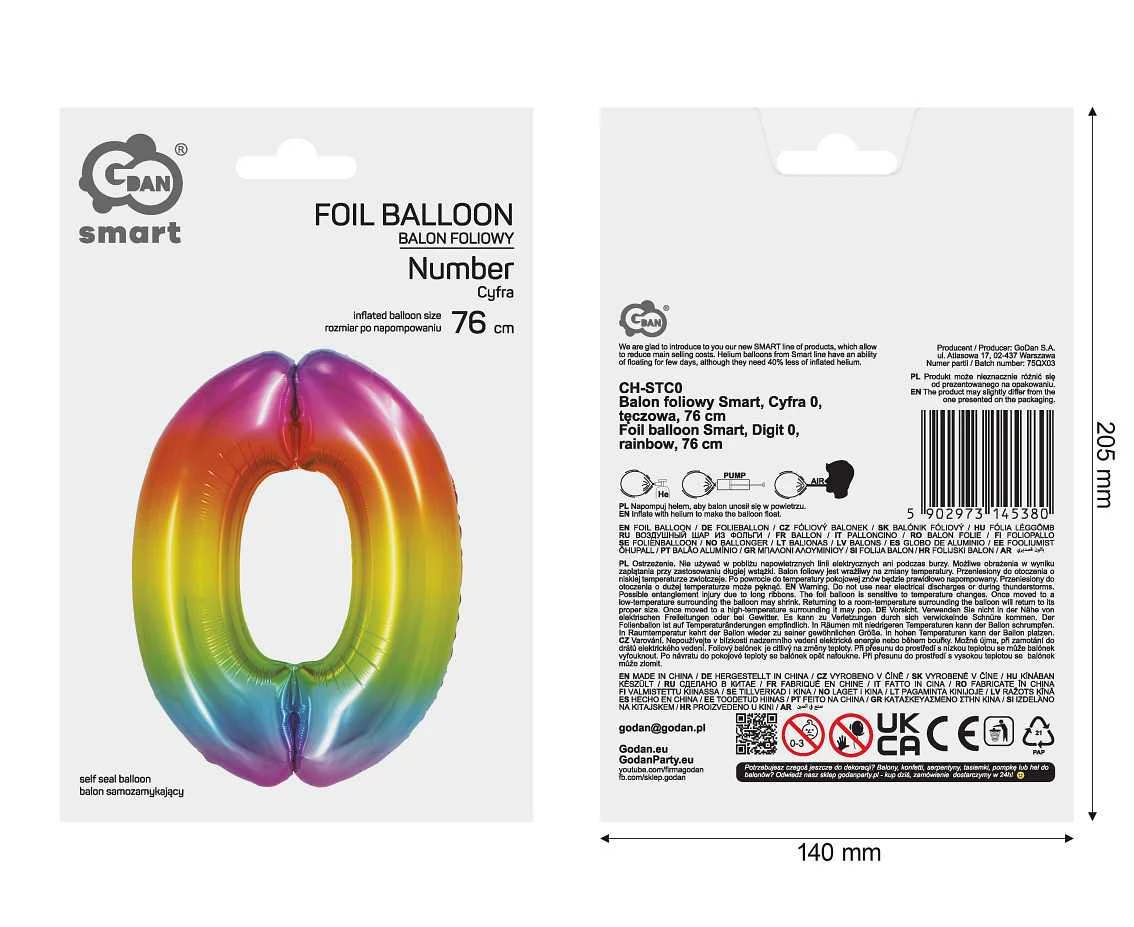 Balon foliowy Smart, Cyfra 0, tęczowa, 76 cm