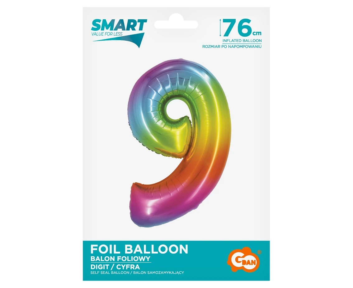 Balon foliowy Smart, Cyfra 9, tęczowa, 76 cm