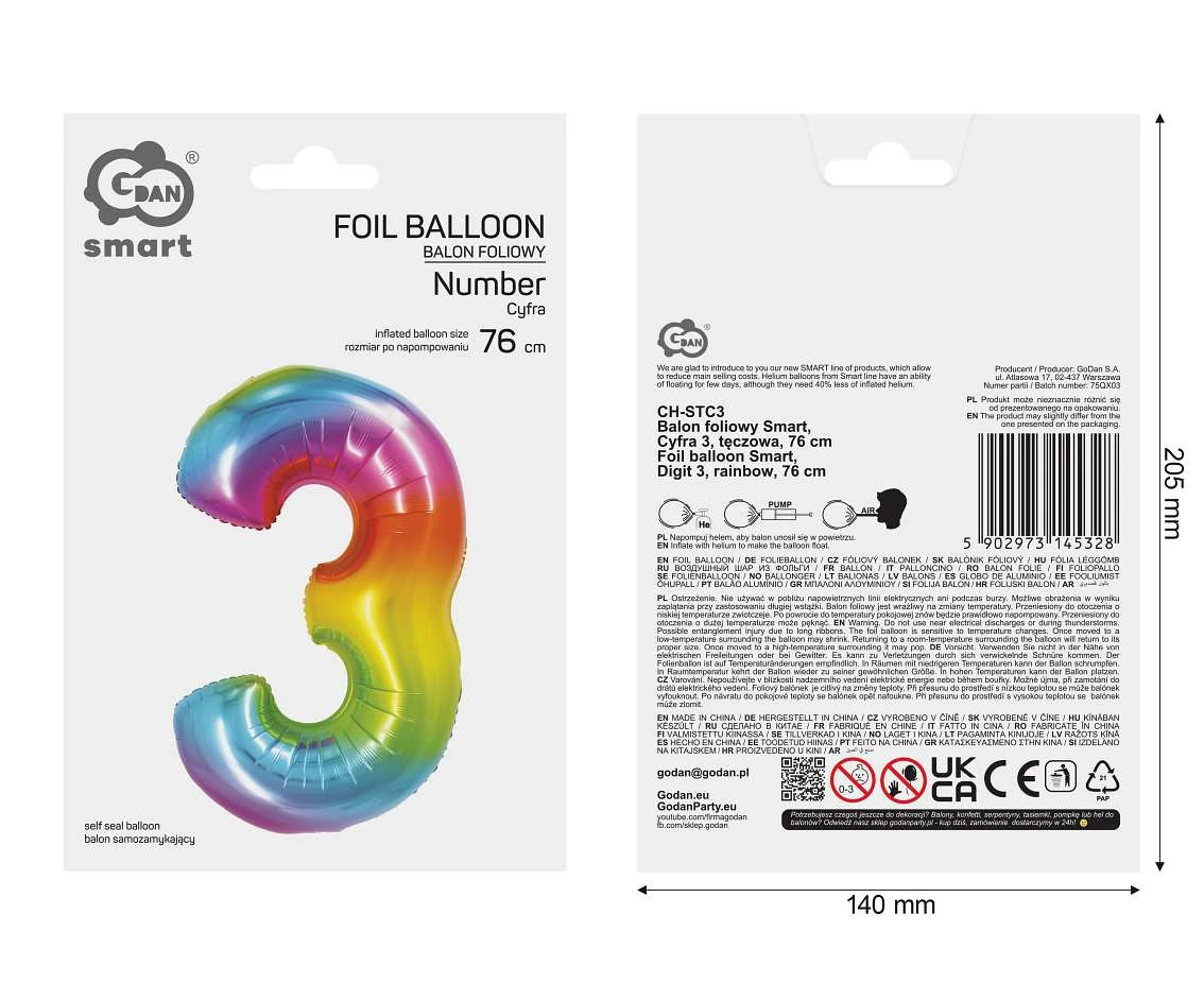 Balon foliowy Smart, Cyfra 3, tęczowa, 76 cm